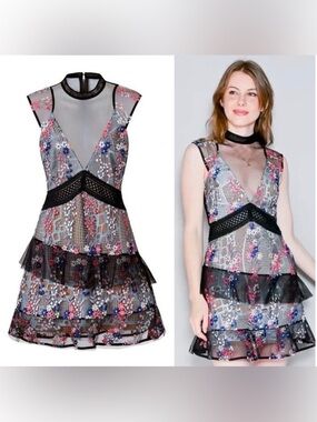 Pristine SELF-PORTRAIT Dress with Lace Overlay + Mesh + Floral Embroidery